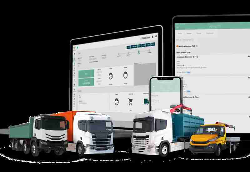 Headerbild för Workify Affärssystemet för åkerier och entreprenadföretag, 4 last- och kranbilar placerade framför bilder ur affärssystemet
