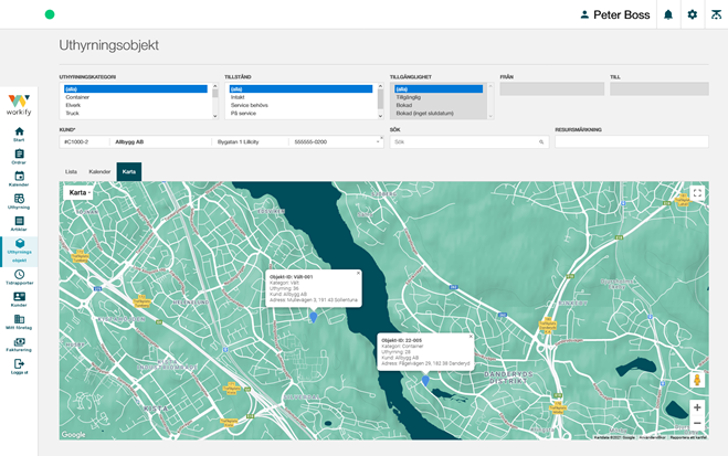 Skärmdump ur Uthyrningsmodulen i Workify Affärssystem. Visar en kartbild där positionen av uthyrda objekt visas.